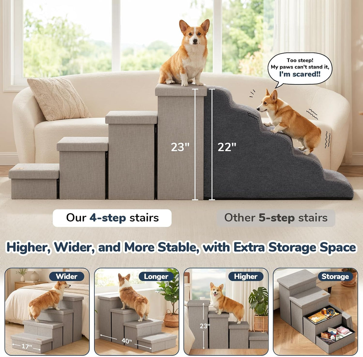 4-Step Wide Dog Stairs with Storage 23" H, Non-Slip Sturdy Pet Steps for High Bed Couch Window, Pet Stairs for Small/Medium/Large Old Dogs Cats Up to 220lbs, Cat Dog Steps for Car, Light Grey