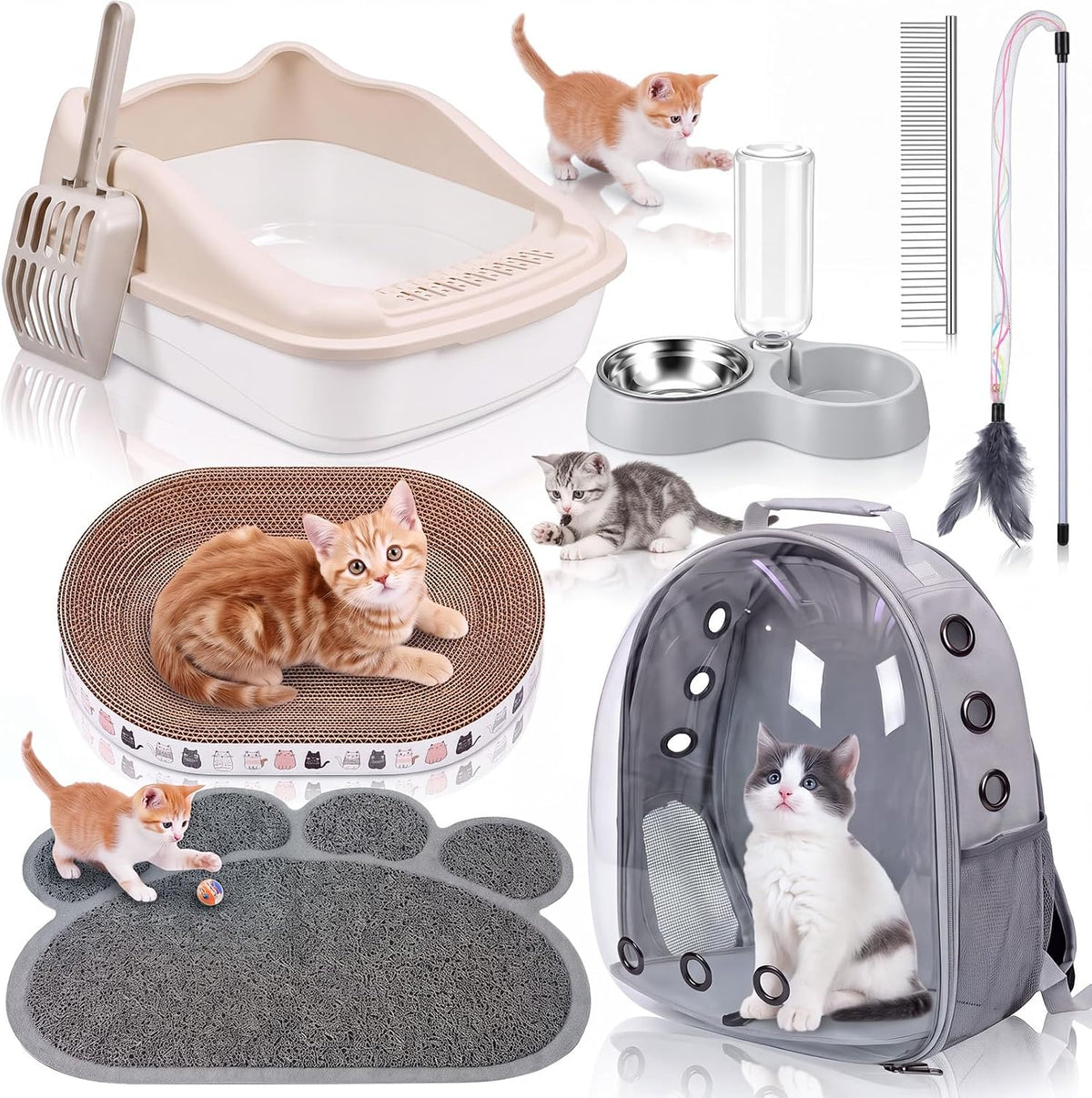 8 Pcs Kitten Supplies Starter Kit Cat Starter, Backpack, Gray