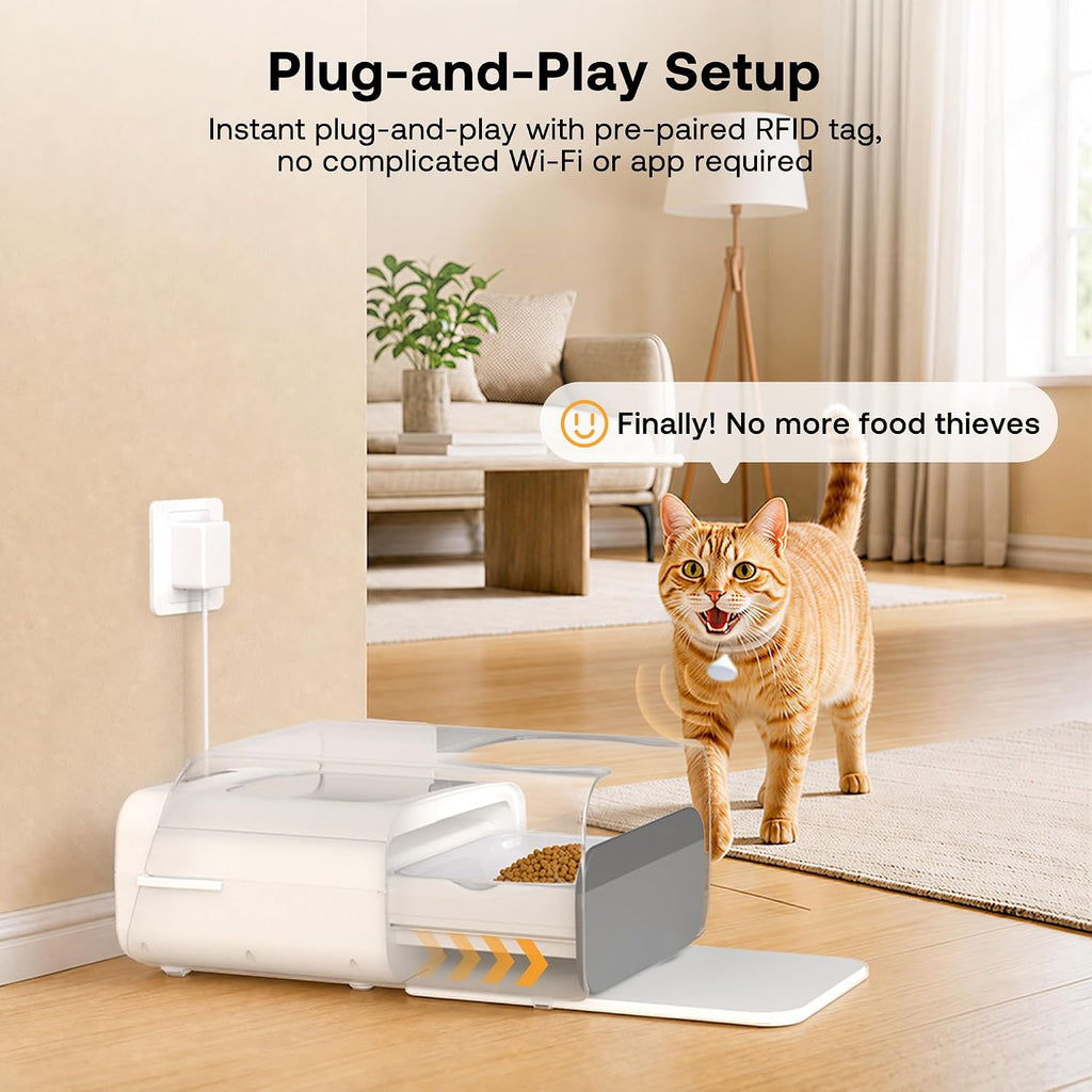HEAPETS RFID Automatic Cat Feeder with Collar Sensor, Anti-Stealing Food Dispenser with Sealed Lid for Wet Dry Food and Different Diet for Multi-Pet Home, Auto Pet Feeder for Cats, White