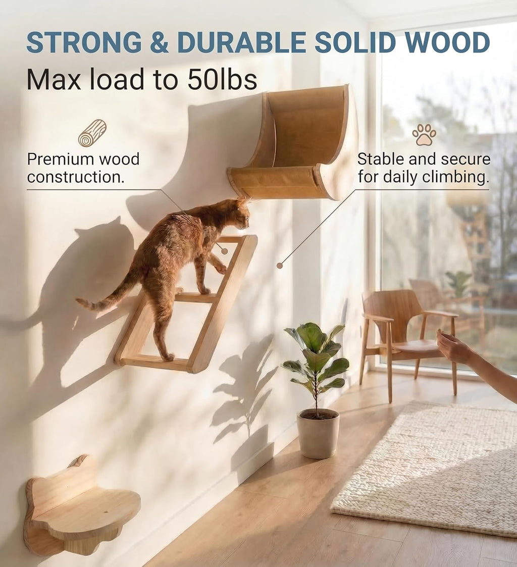 Cat Wall Shelves Set,Solid Wood Moon Bed,Perch & Stair for Climb and Rest