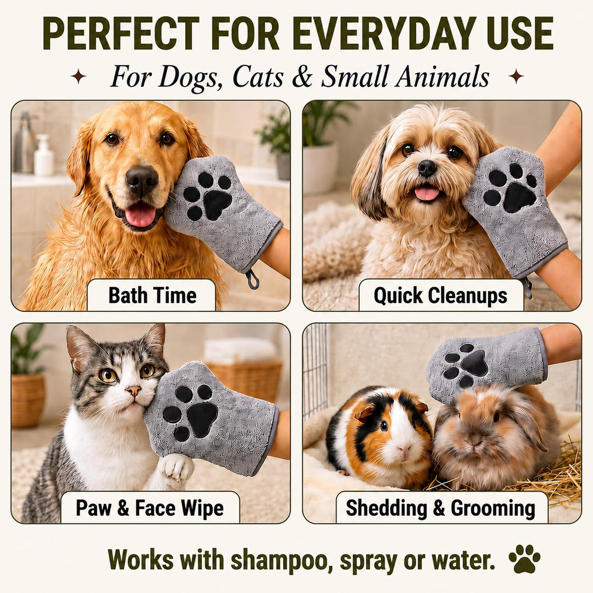 Microfiber Grooming Mitt for Cats & Dogs, 100+ Times Washable – 10X Cheaper Than Pet Wipes - Ultra-Soft Double-Sided Microfiber Pet Cleaning Mitt for Bathing & Drying, Machine Washable, Grey