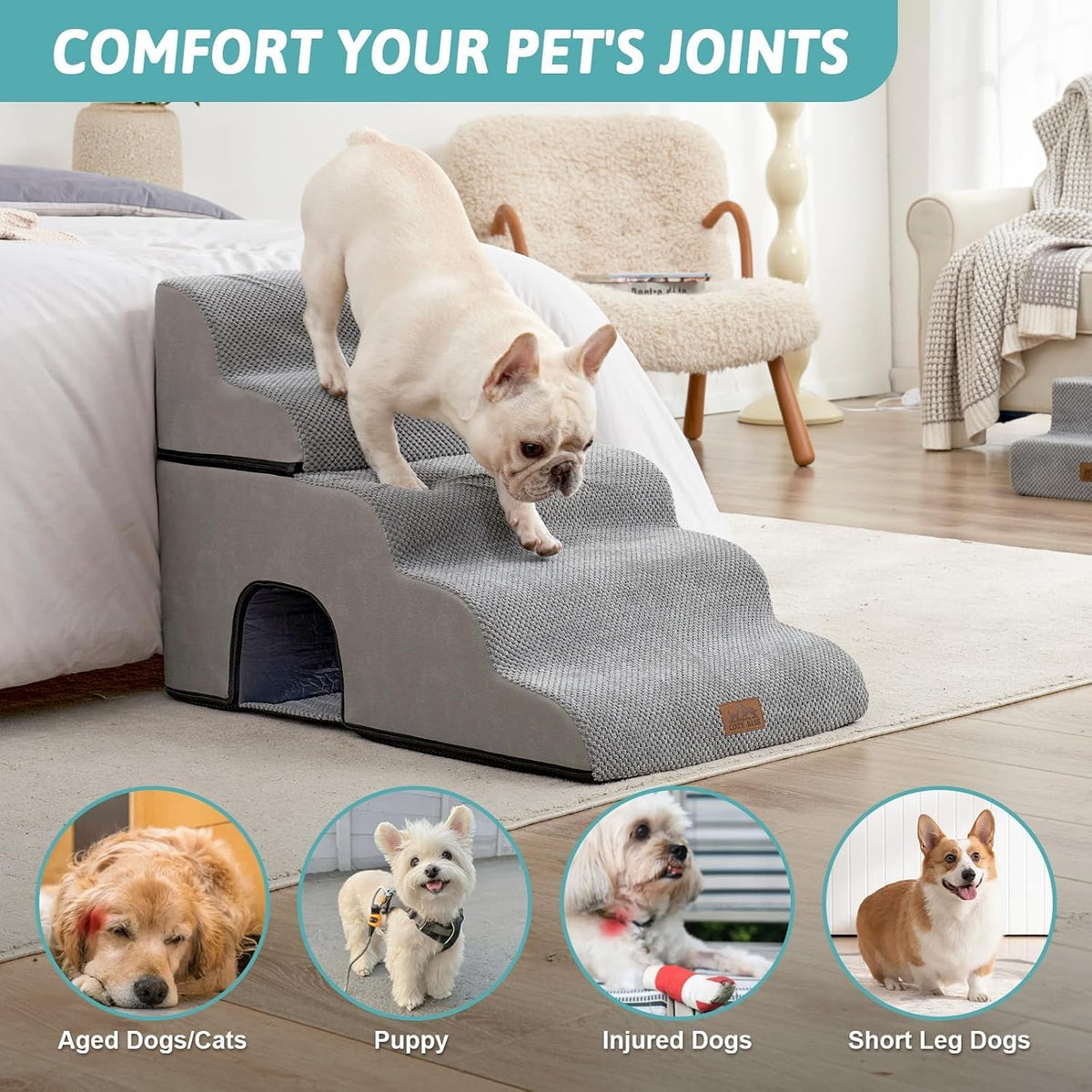 COZY KISS Extra Wide Small Dog Stairs with Tunnel, Pet Step for Bed, Grey