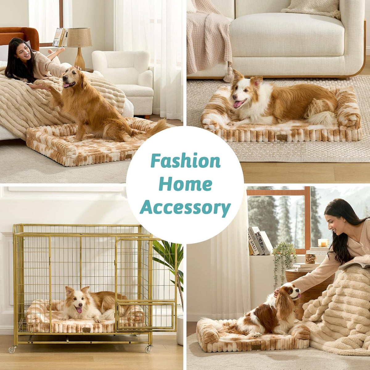 COZY KISS Faux Rabbit Fur Dog Bed for Medium Dogs, Tie-Dye Brown, 36"x27"