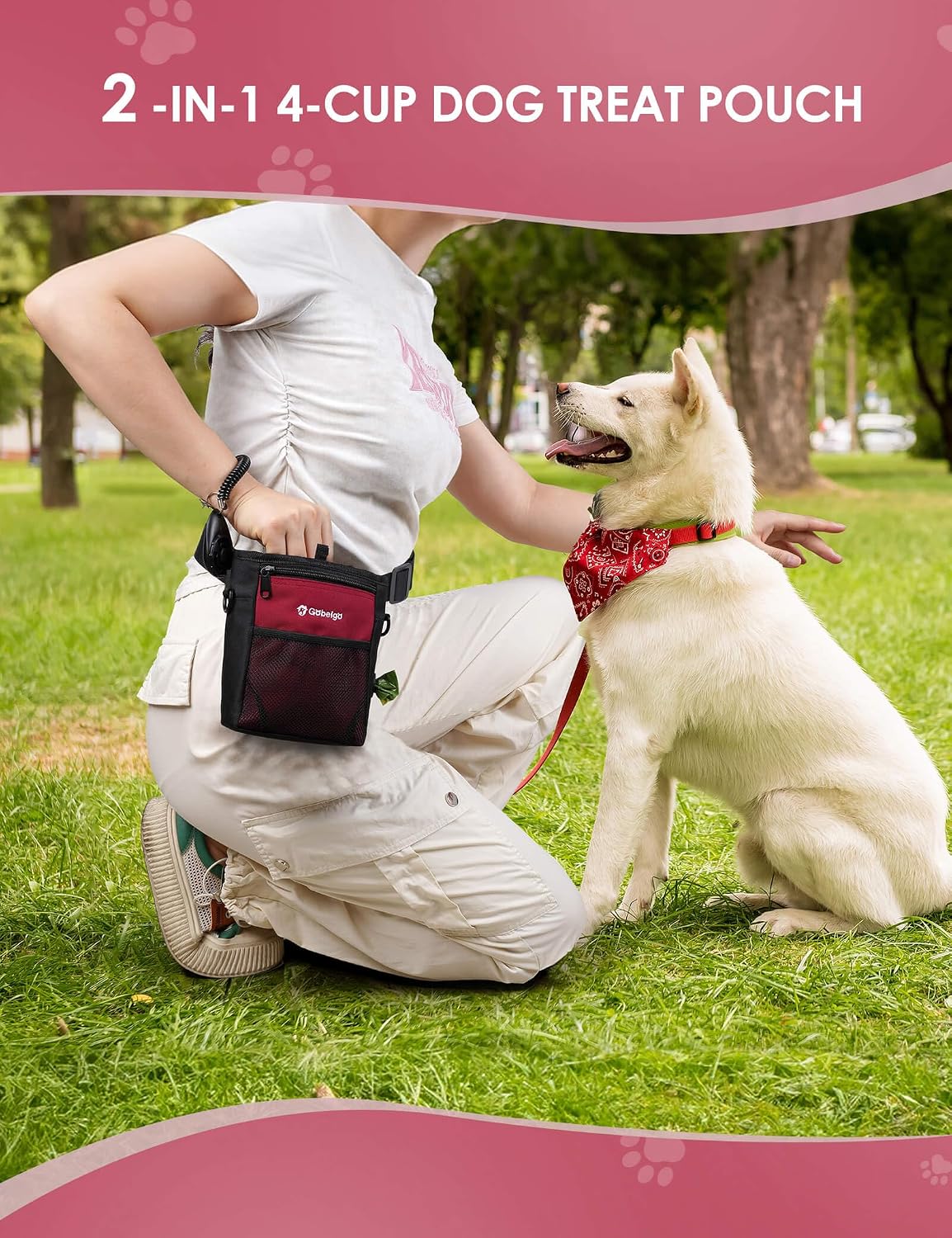 Gobeigo 4 Cup Dog Treat Pouch with Silicone Insert Bag& Clicker(Red)