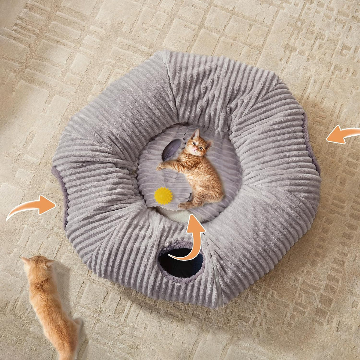 Large Cat Tunnel Bed for Indoor Cats,Cat Donut Tunnel Toy with Washable Circle Cushion,Blackout Tent, Multifunctional Playground Toys Hideplace for Kitty, Kitten, Rabbit,Ferret