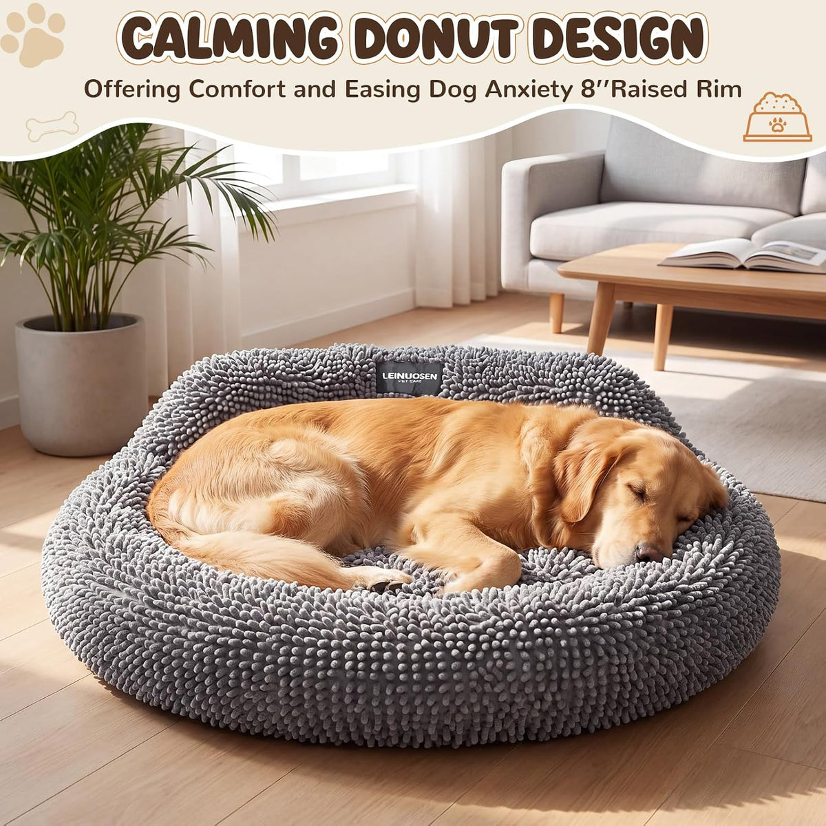 Leinuosen 40 Inch Chenille Donut Dog Bed with Backrest for Dogs & Cats