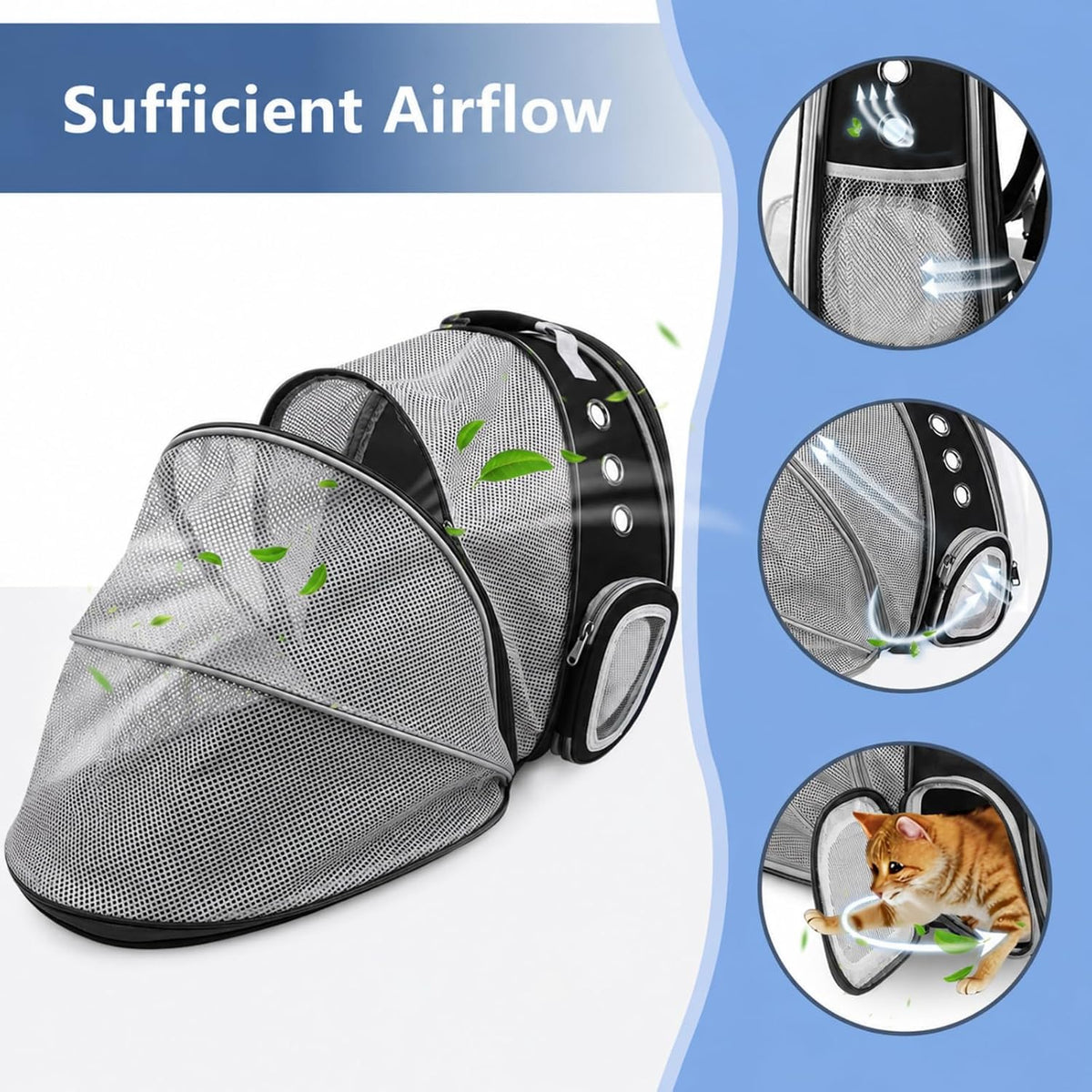 Expandable Cat Carrier Backpack with Bubble Window and Mesh, Black
