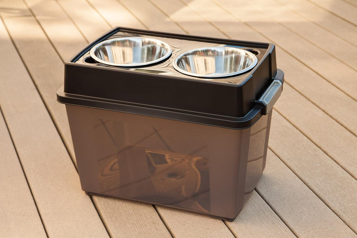IRIS USA Elevated Dog Bowls 15" H, up to 47 lb Storage, Black, Made in USA | Comes with 2 Stainless Steel Bowls (64 oz), Elevated Feeder, Reduce Strain, Perfect for Camping & Outdoors 
