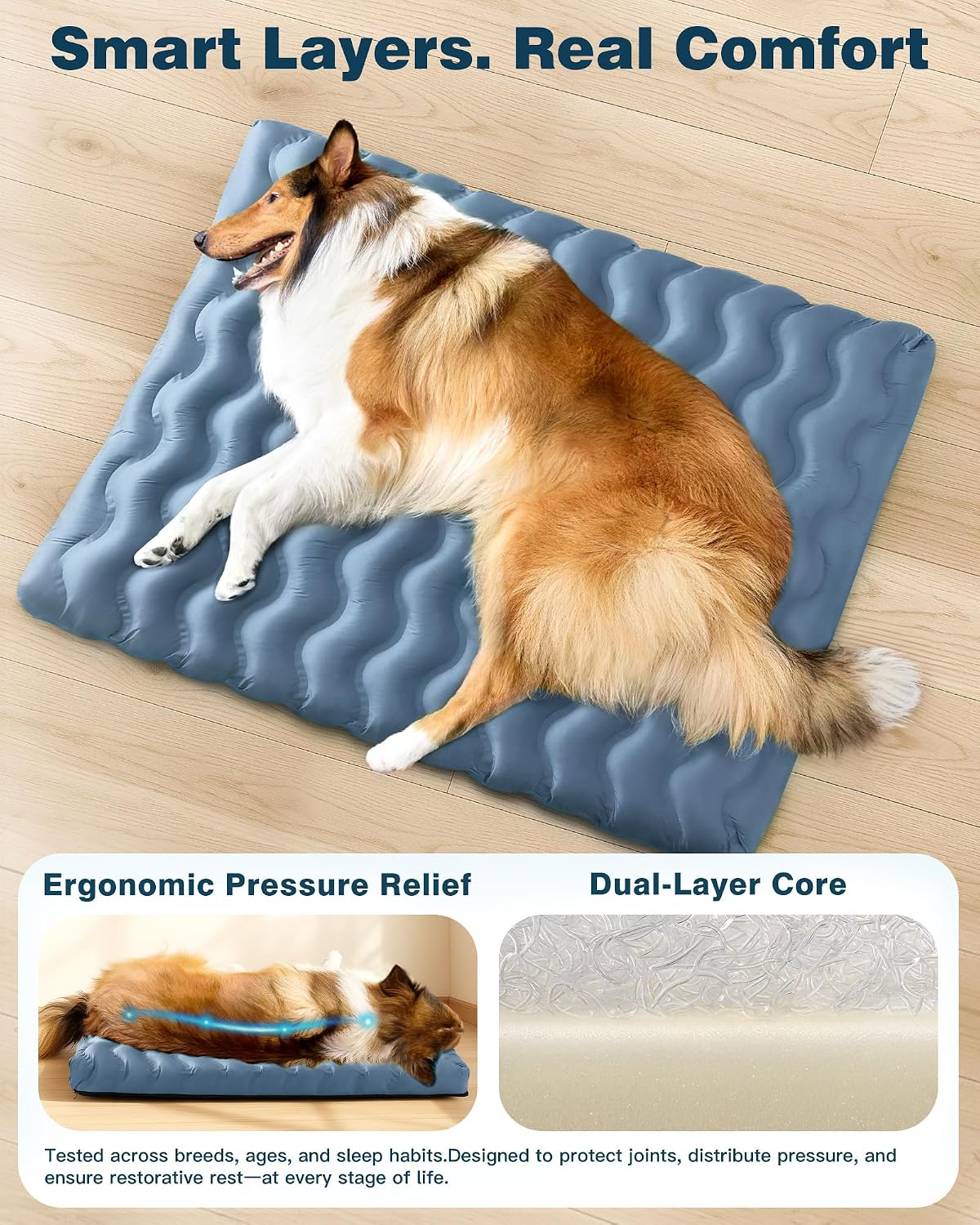 Washable Dog Bed, Cooling Dog Crate Bed Mat with Memory Foam, Water-Resistant Outdoor Dog Bed for Large Medium Small Dogs