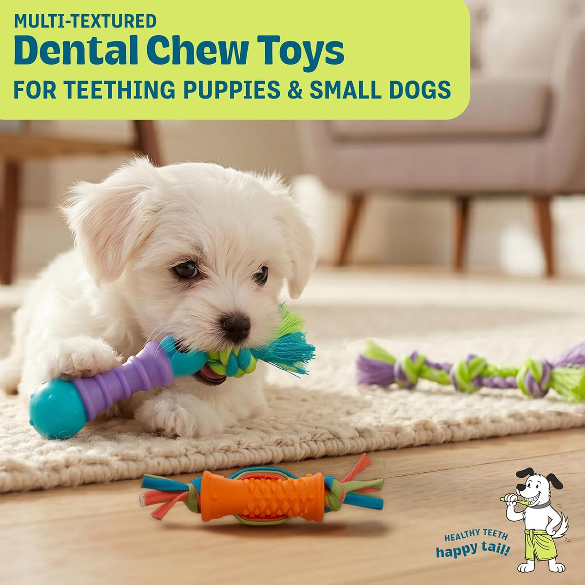Dental Chew Pack Mini Dog Chew Toys, 7", 3-Pack | Helps Keep Teeth Clean, Massages Gums, Multi-Textured, Fetch & Tug, Moderate Chewers, Small Dogs & Teething Puppies