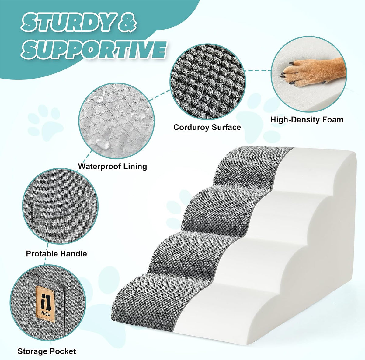 IFNOW Dog Stairs for Small Dogs and Cats 11.8" H, 3-Step Sturdy Dog Steps for Couch, Sofa or Chair, High-Density Foam Pet Stairs for Puppy, Older Cats, Non-Slip Curved Pet Ramp Indoor, Grey