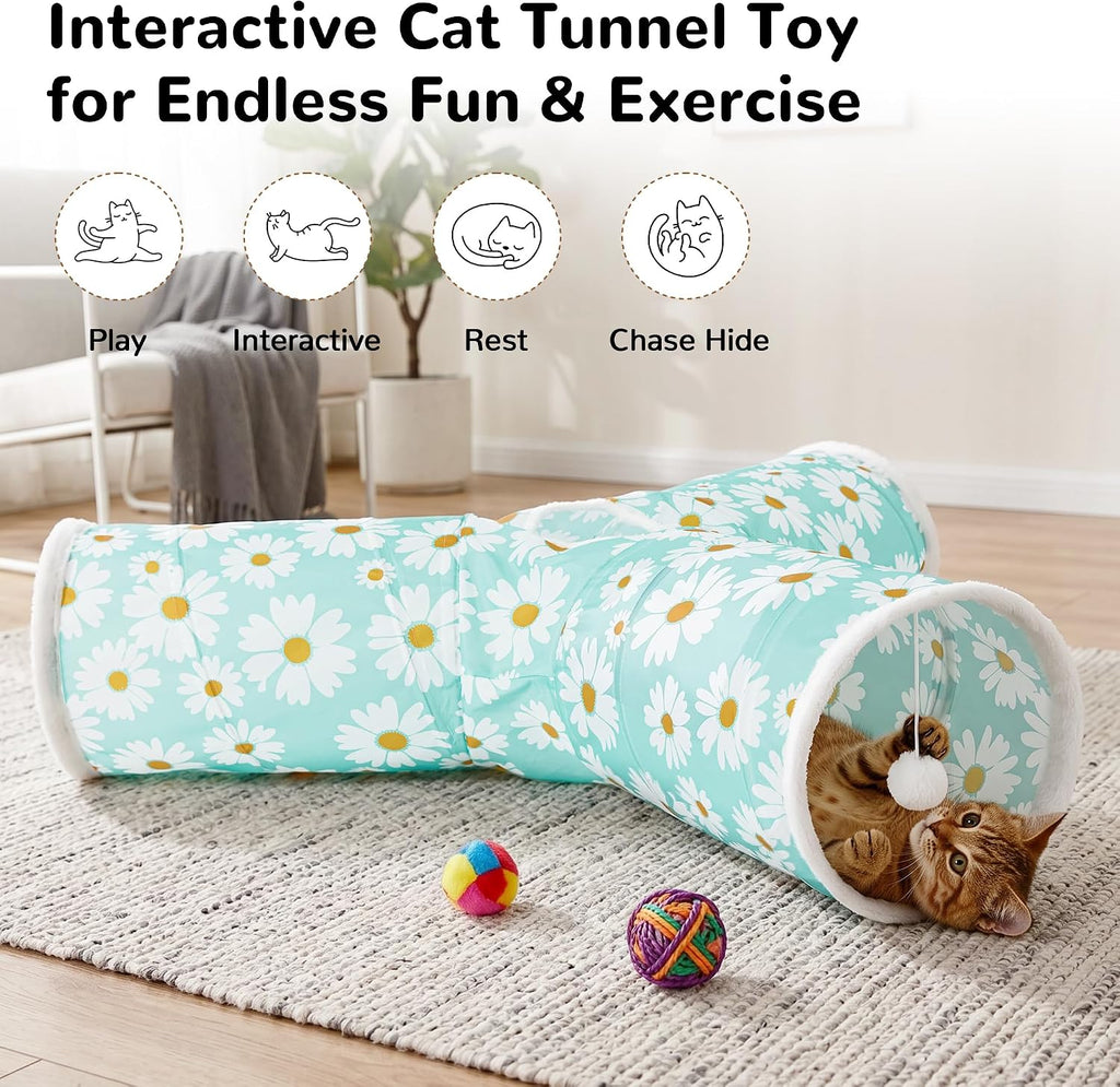 Tempcore Cat Tunnel, 3-Way Collapsible Toy, Large Size Daisy Blue Printed | Large Size 3-Way Cat Tunnel Provides More Room for Cats to Run, Hide and Chase, with Peek Holes, Hanging Ball and Teaser Wand