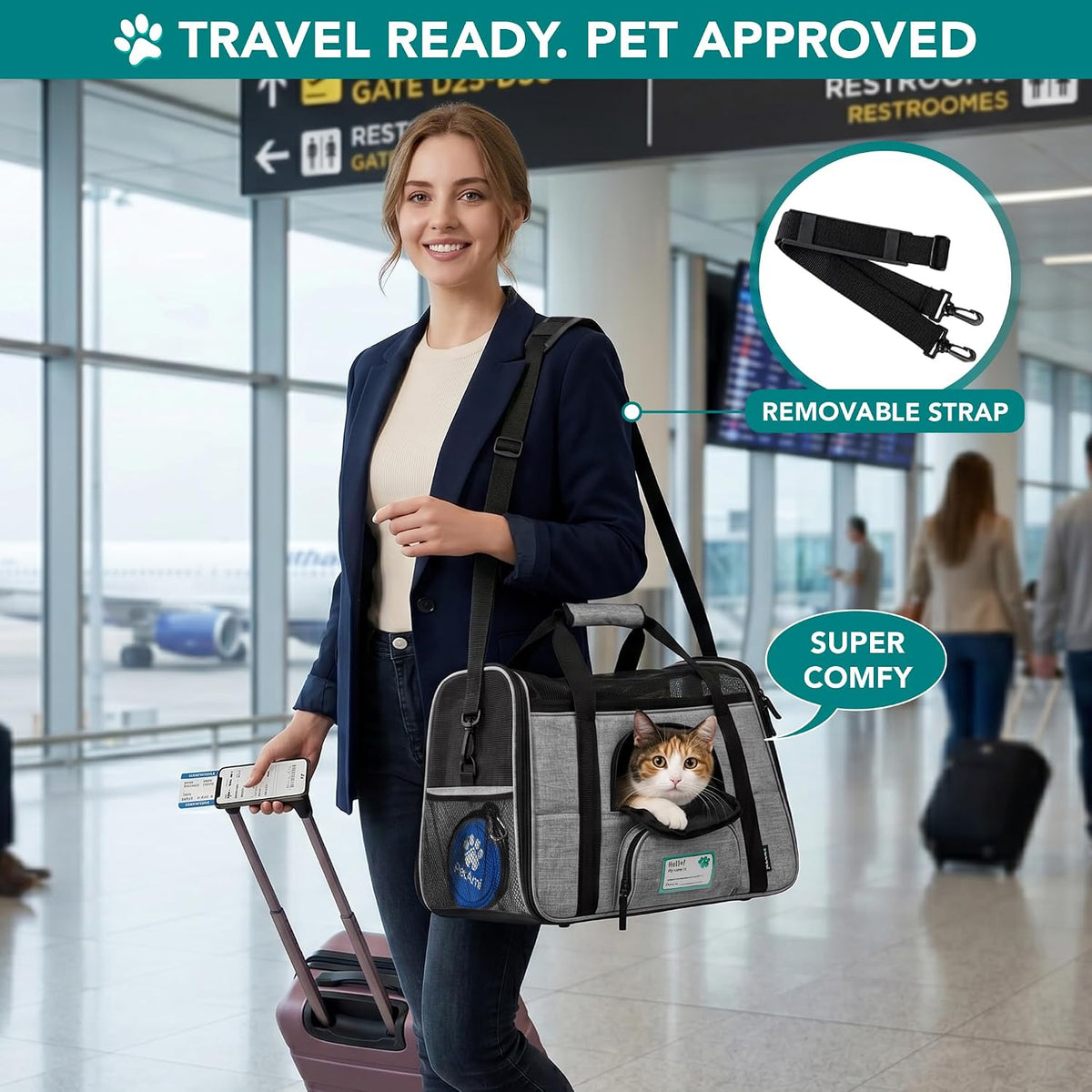 PetAmi Airline Approved Pet Carrier for Cats Small Dogs, Large Heather Gray
