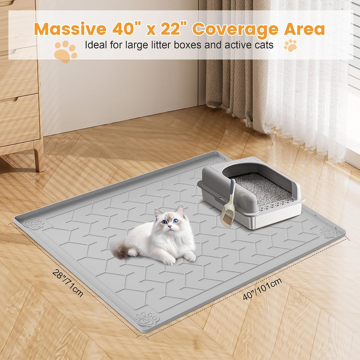 Silicone Cat Litter Mat, 40"x28" XLarge Waterproof Trapping Mats | Raised Edges Leakproof, Non-Slip, Scatter Control, Soft Paws, Litter Trap, Easy Shake/Rinse, Multi-Use(Food,Door,Kitchen)