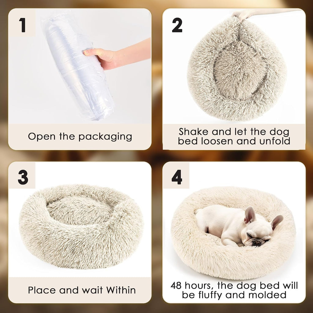 28in Large Dog Bed, Calming Donut Bed for Puppy and Kitten (Light Brown)