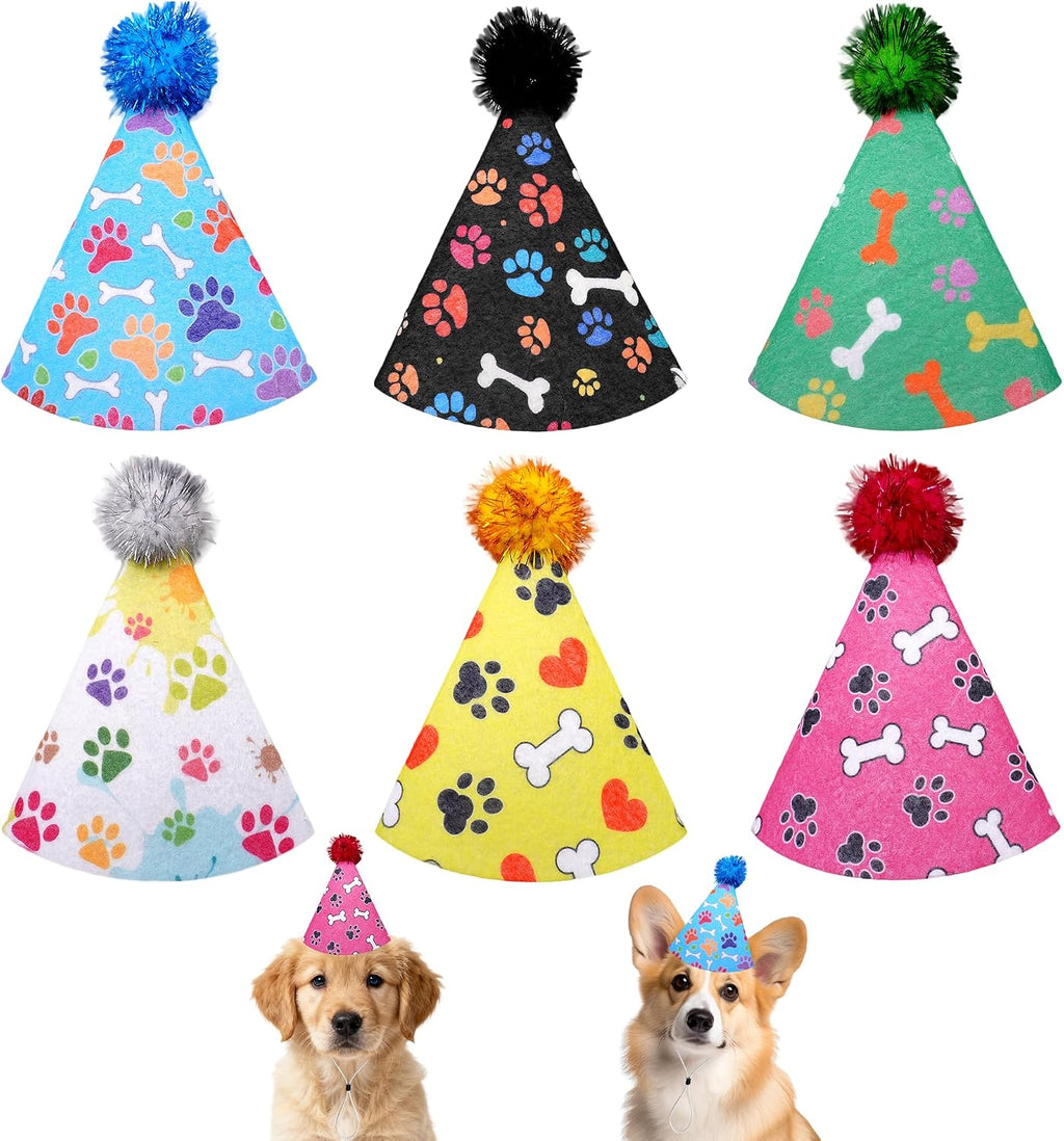 6PCS Dog Birthday Party Hats Felt for Small Medium Dogs Paw Bone
