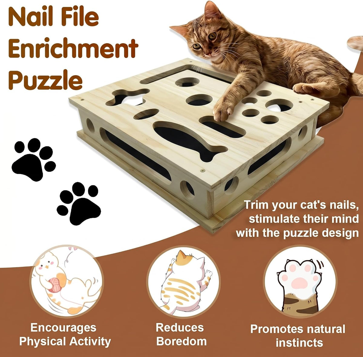 2026 NEW Cat Nail File Scratcher, Cat Scratch Puzzle Enrichment Box with Sandpaper for Cat Claw Care, Stress-Free Trimming Nails, Cat Toys Interactive for Indoor Cats (with Bell Balls & Cat Teaser)