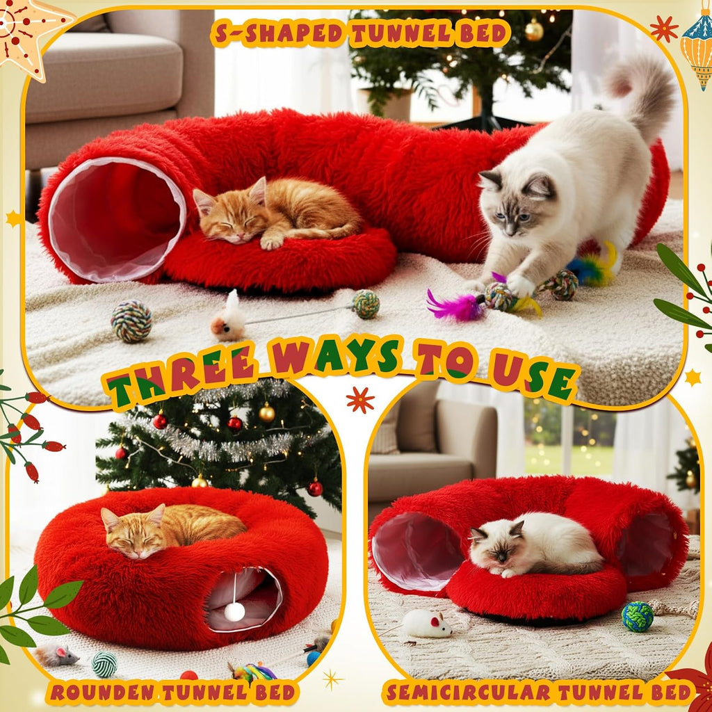 Thyle Christmas Cat Tunnel Bed, Red, 3ft X 3ft X 9.8in, Plush