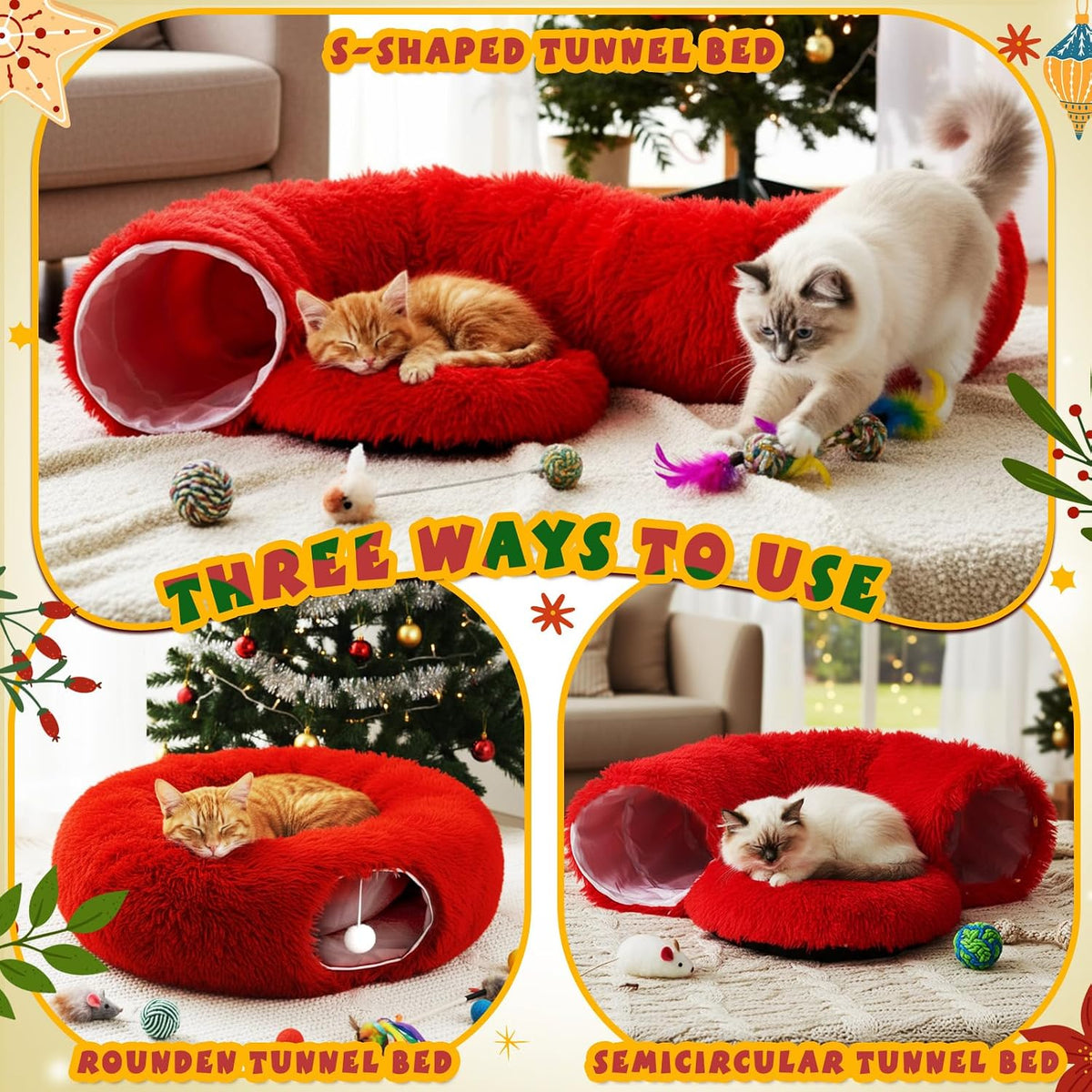 Thyle Christmas Cat Tunnel Bed, Red, 3ft X 3ft X 9.8in, Plush