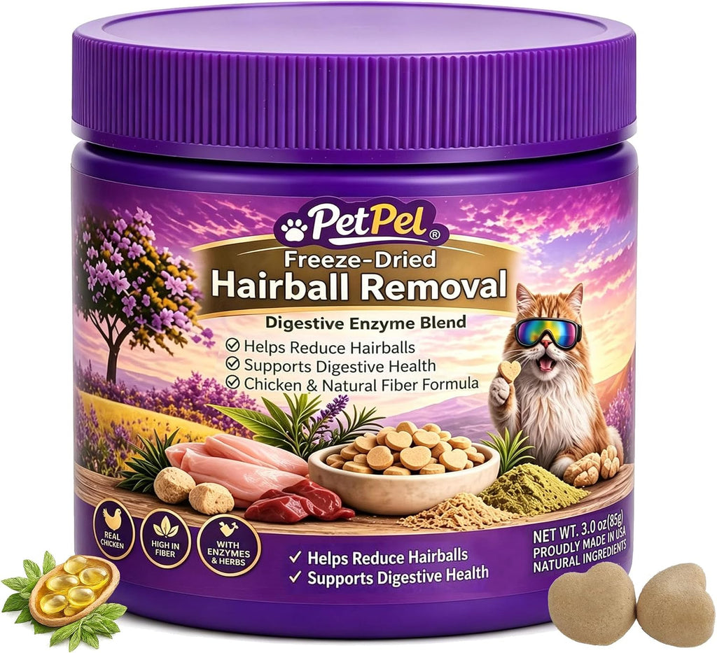 Freeze-Dried Hairball Removal Cat Treats - Digestive Enzyme Blend with Chicken & Natural Fiber, Supports Digestive Health & Reduces Hairballs