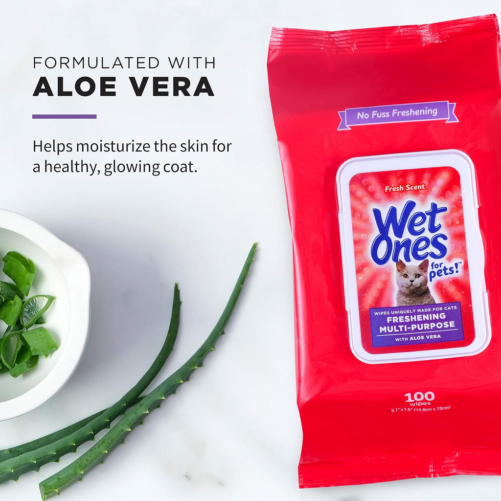 Wet Ones for Pets Freshening Multipurpose Cat Wipes, Fresh Scent, 100 Count | Aloe vera formula, moisture-lock seal keeps cloths clean, suitable for daily grooming between baths 