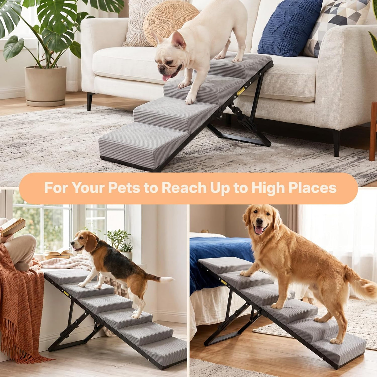 Veehoo Dog Ramp for Bed Couch, Foldable Pet Stairs for Large Dogs 17"-23" H