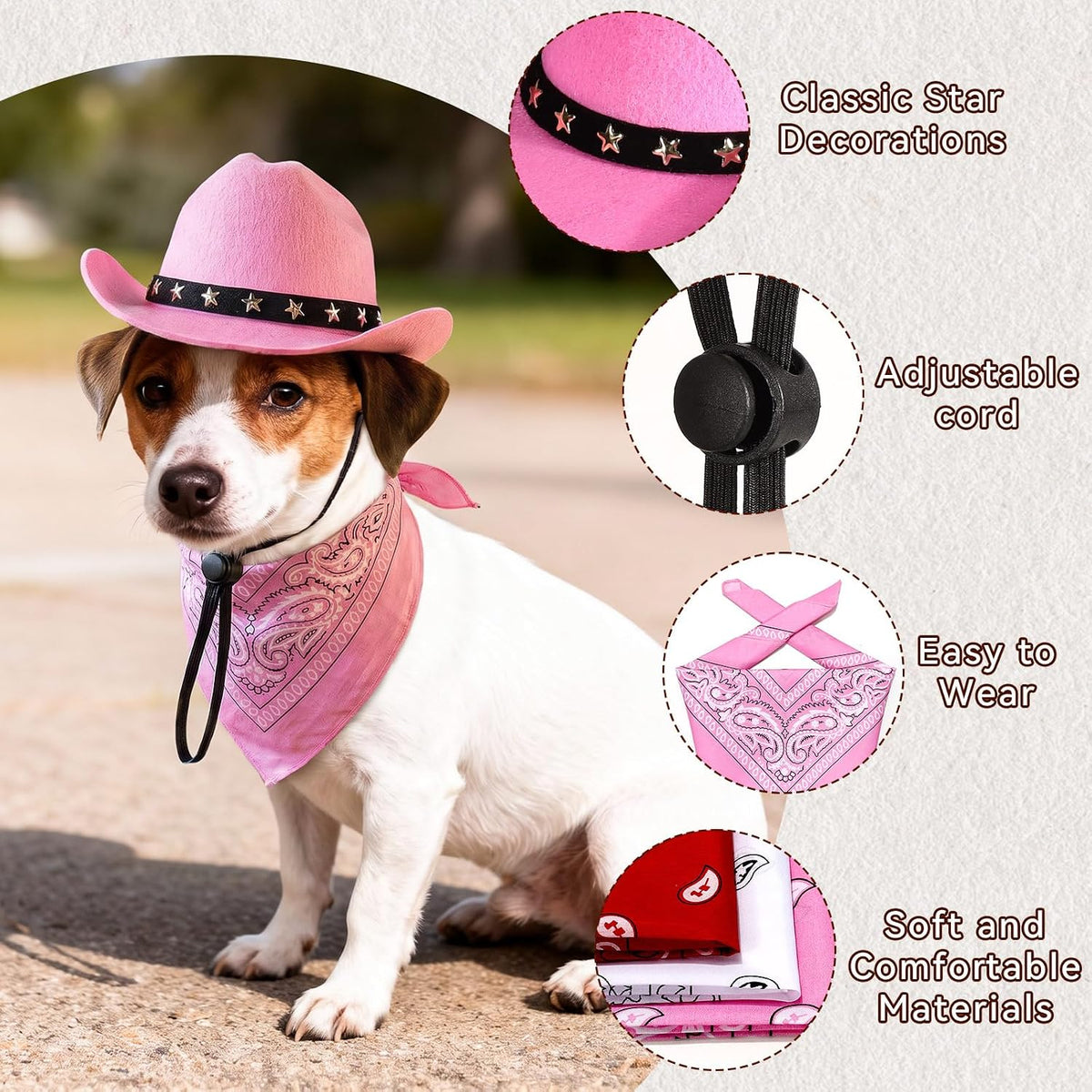 Pet Cowboy Costume, Dog Cowboy Hat with Bandana Scarf, Adjustable Cat Cowboy Hat for Party Cosplay Christmas, Halloween Cowboy Costumes for Small Pet Dogs Cats (Pink, Medium)