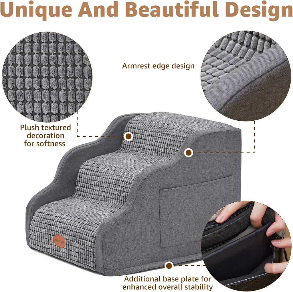 Woochpet 3-Tier Dog Stairs for Beds Foam Ramp Stairs for Couch Dark Grey