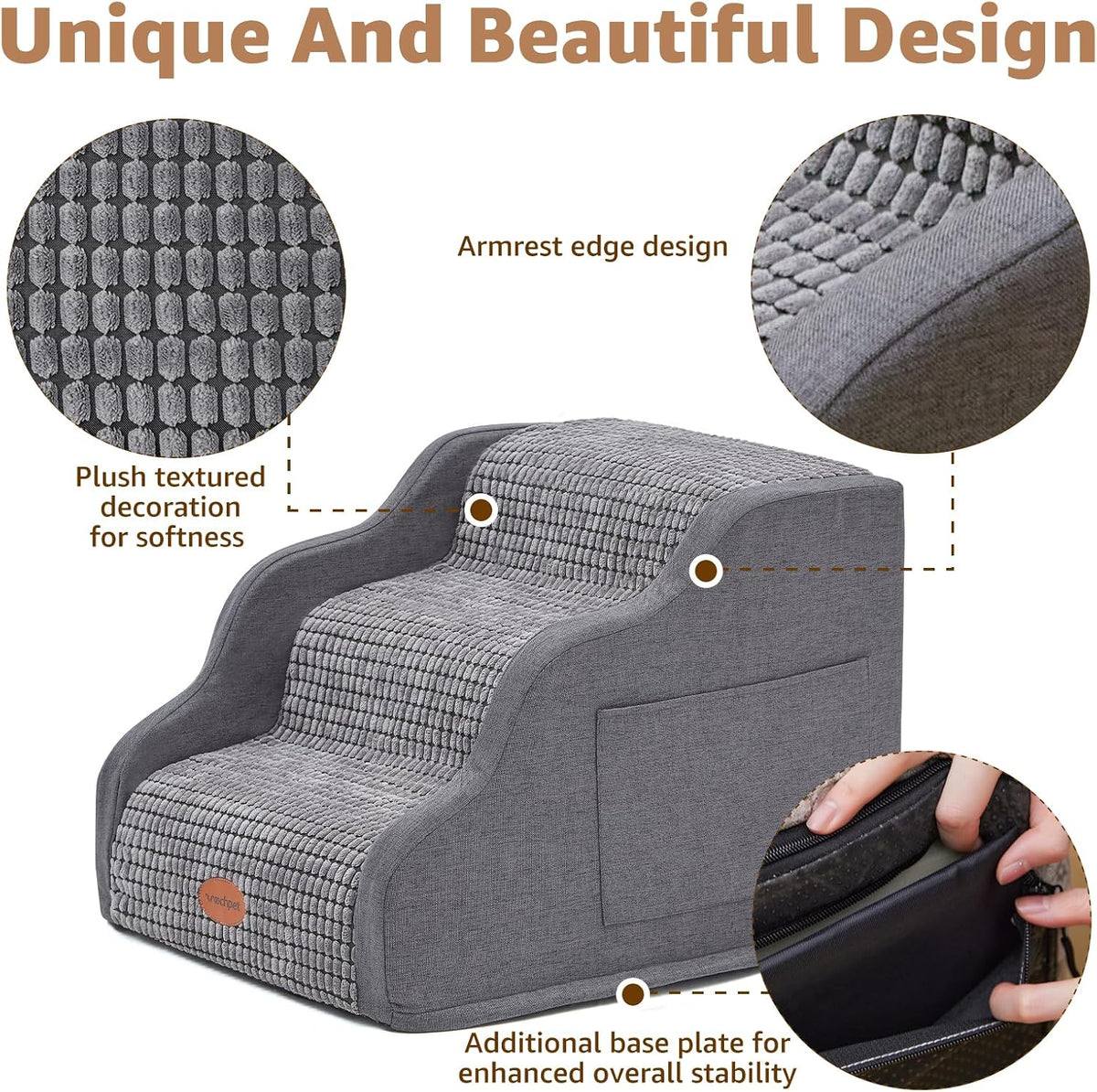 Woochpet 3-Tier Dog Stairs for Beds Foam Ramp Stairs for Couch Dark Grey