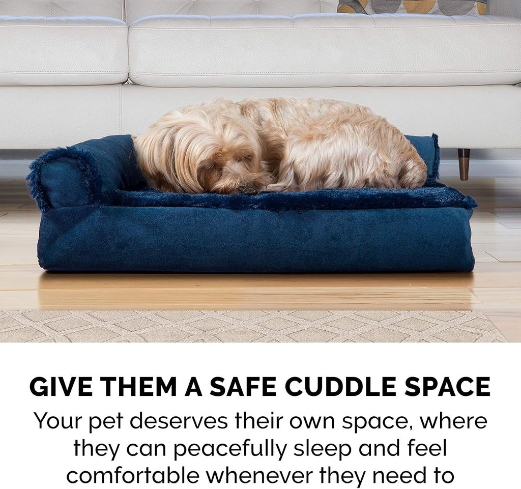 Furhaven Orthopedic Dog Bed for Large Dogs w/ Removable Bolsters & Washable Cover, For Dogs Up to 95 lbs - Plush & Velvet L Shaped Chaise - Deep Sapphire, Jumbo/XL