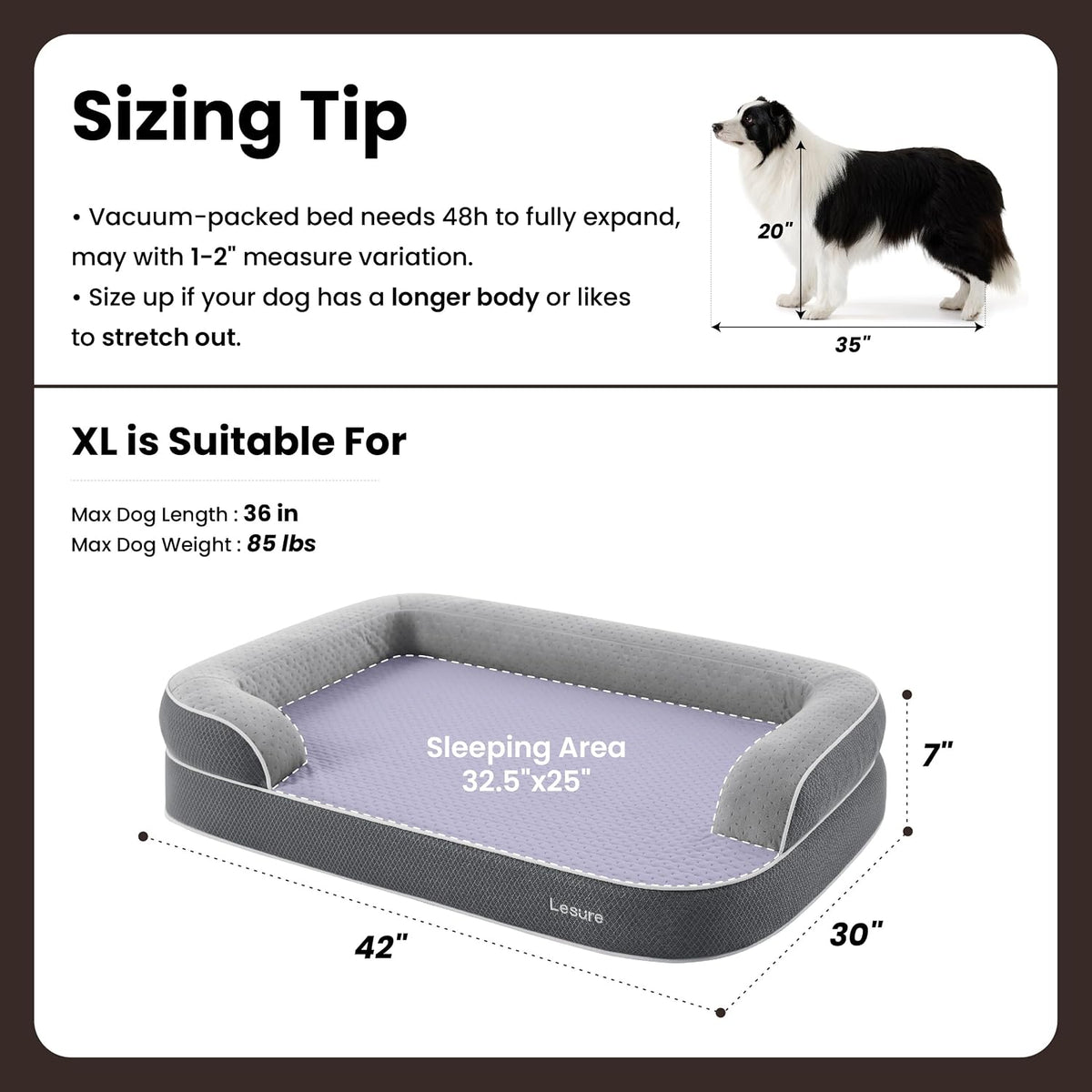 LE SURE RealOrtho™ XL 3-Layer Orthopedic Dog Beds Large Sized Dog,42" Black