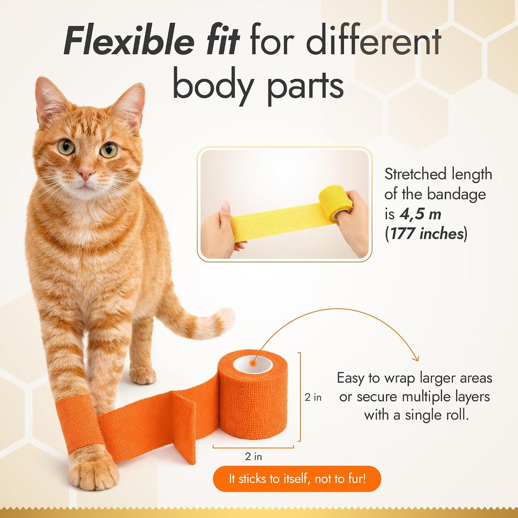 Self-Adhering Elastic Dog Bandages for Wounds – Cat & Dog Bandage Prevents Licking and Scratching – Made from Natural Rubber Latex, the Wrap Sticks to Itself – Set of 9 x 5 cm Rolls