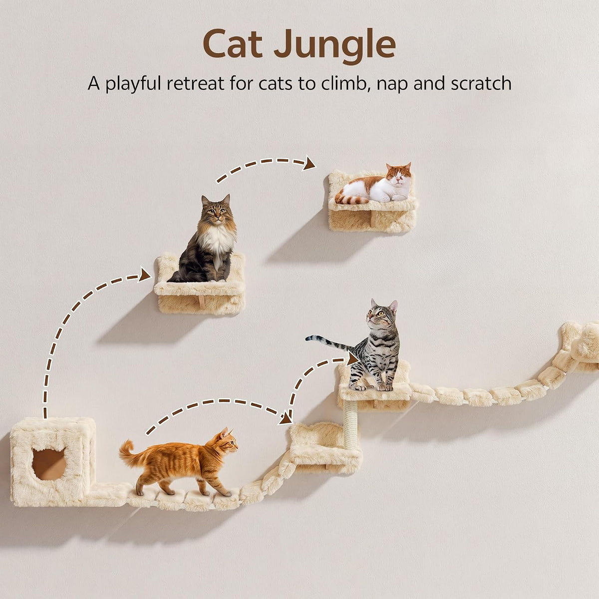 Cat Wall Furniture, 9 in 1 Cat Wall Shelves Set with Bridge, Beige