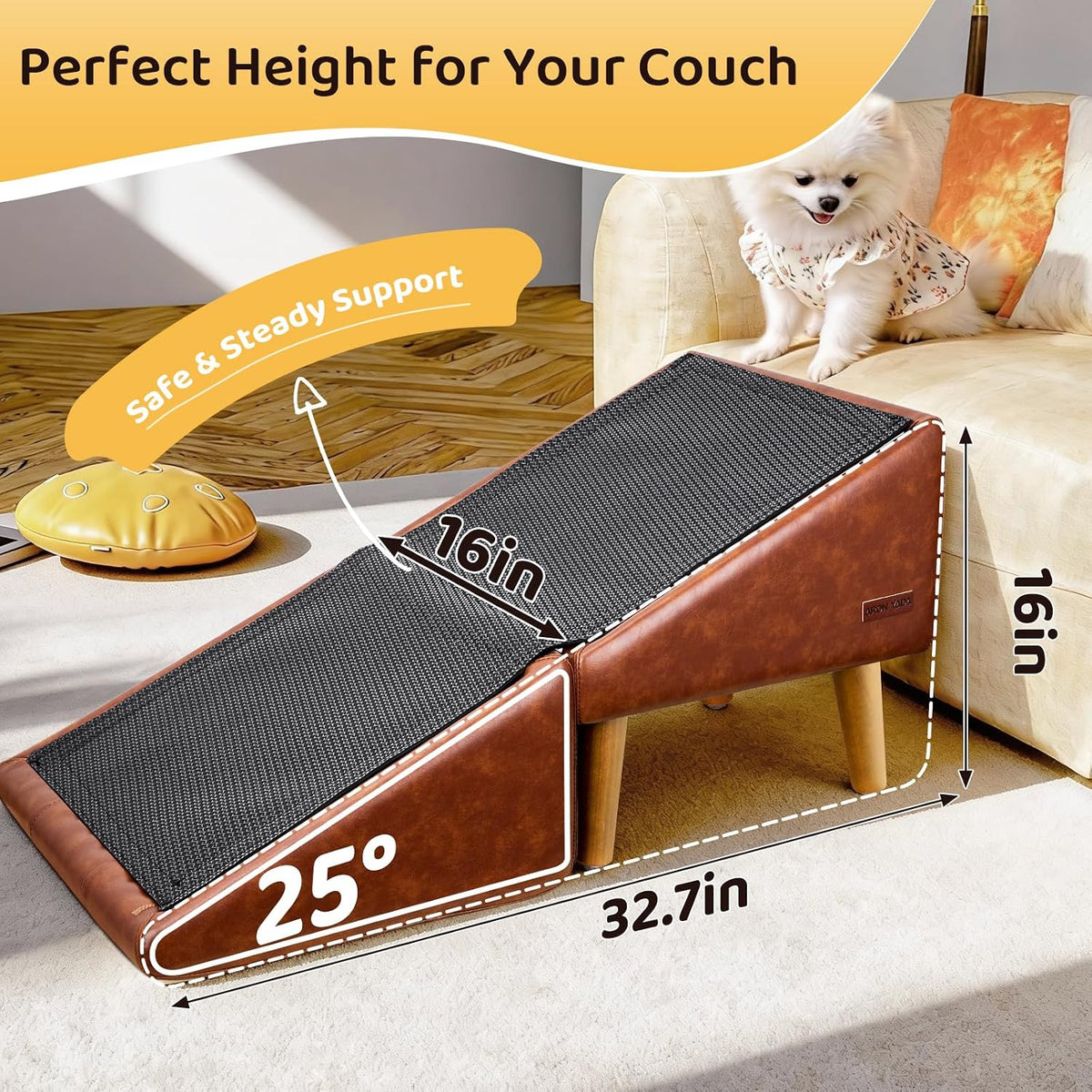 Dog Ramp for Couch, 16"H 2-in-1 Non-Slip Dog Stairs for Small Dogs