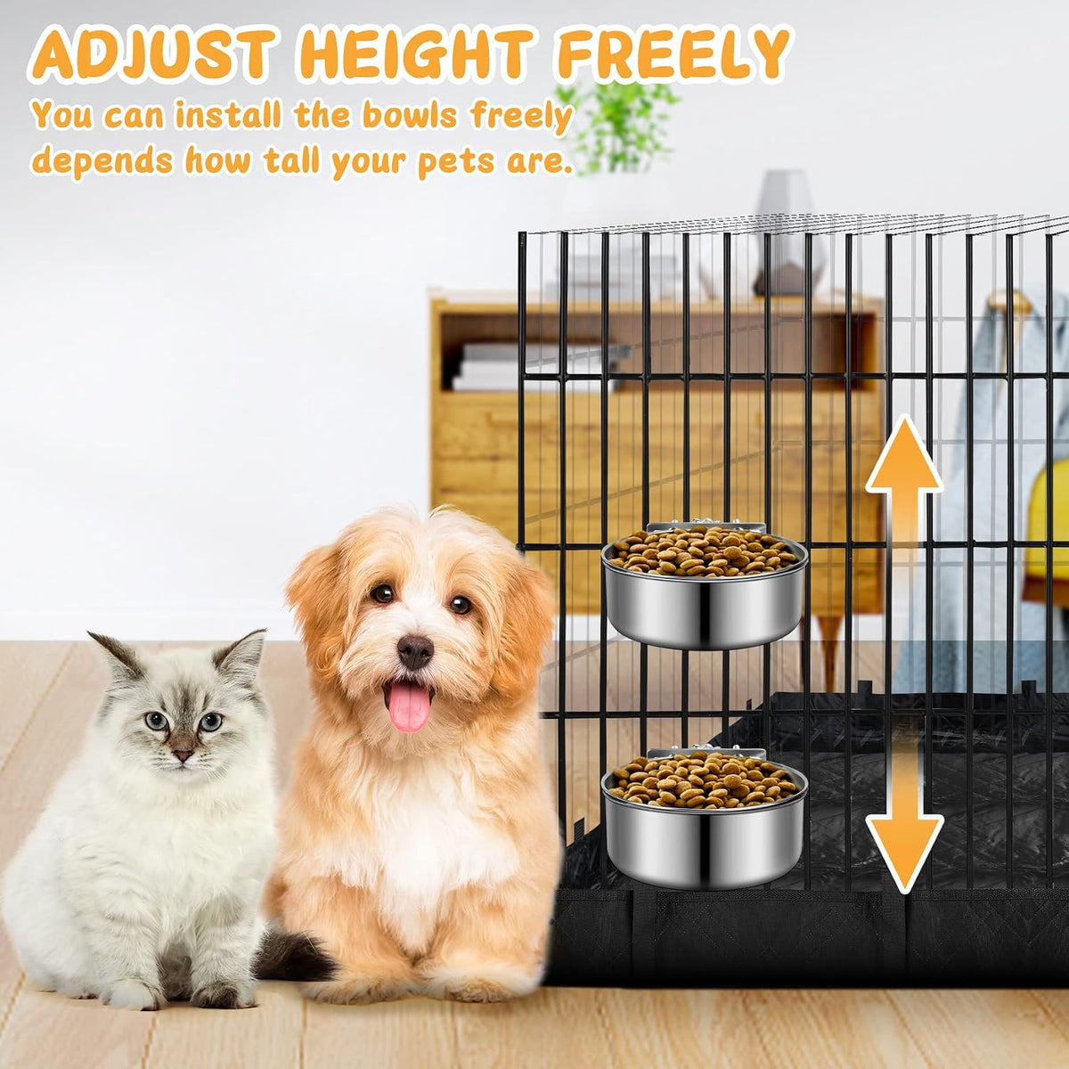 Small Dog Bowls, ShineMe 2 Pack Stainless Steel Pet Bowls Easily Affixes to Crate, Cage or Kennel - Non Spill Food & Water Bowls for Cat, Puppy, Birds, Guinea Pigs, Rabbit (4.7 x 2.1” & 3.9 x 1.9”)