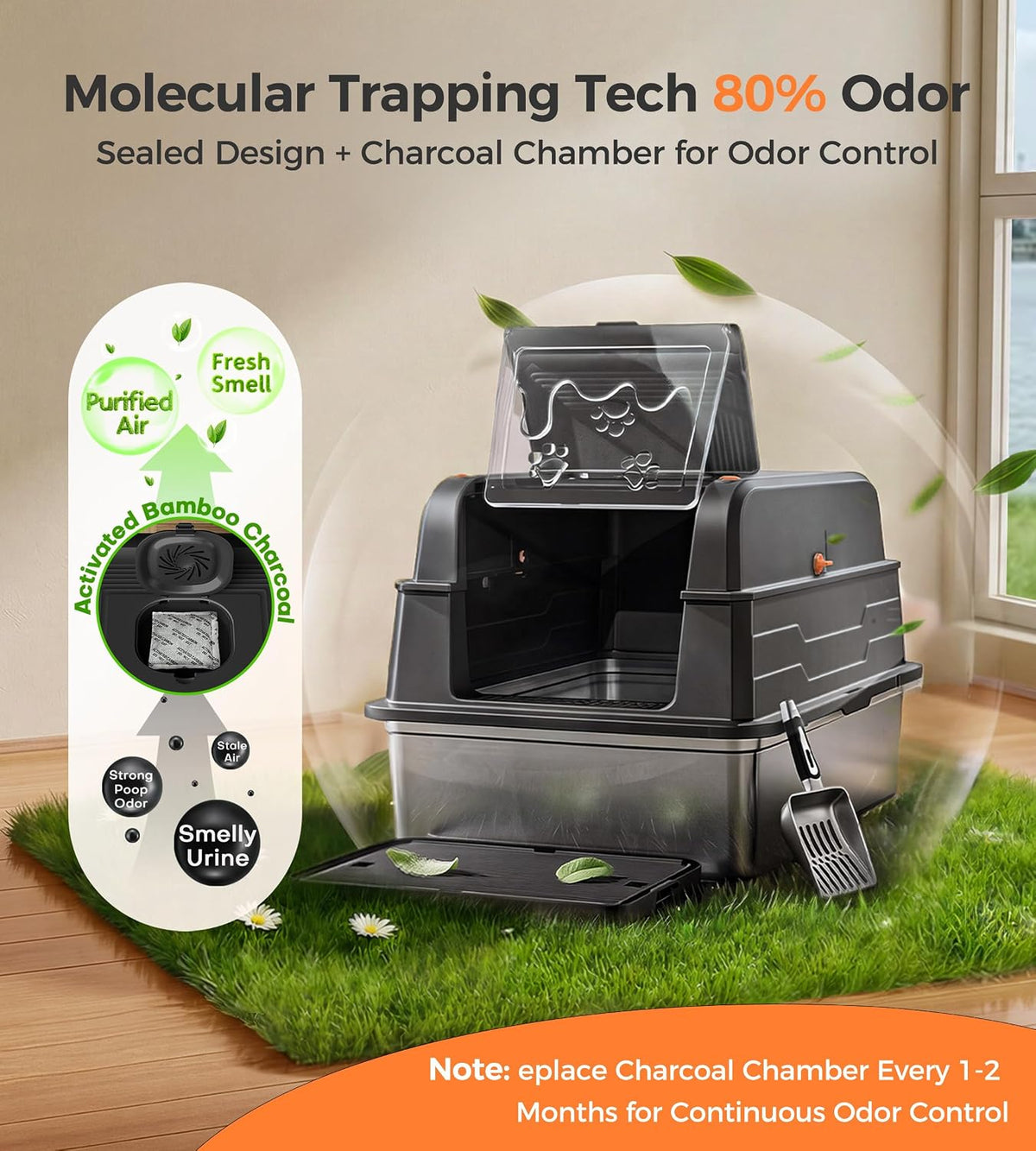 Catlike Upgrade XXXL Stainless Steel Cat Litter Box 3-Layer Leak-Proof | Oversized Real 152L Capacity Enclosed Design w/ Charcoal Filter for Maine Coon & Multi-Cat Homes, with Metal Scoop & XL Mat