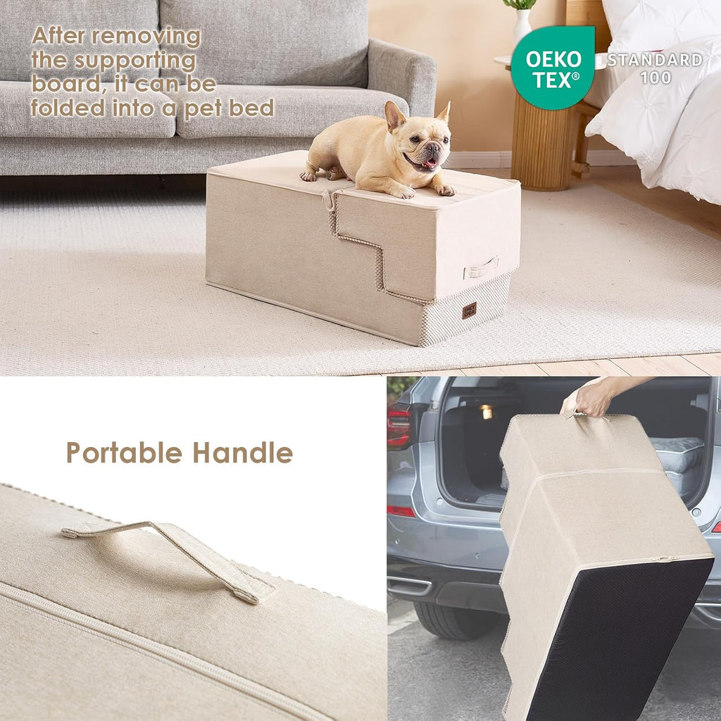 EHEYCIGA Dog Stairs for High Bed 22.5" H, 5-Step Dog Steps, Beige