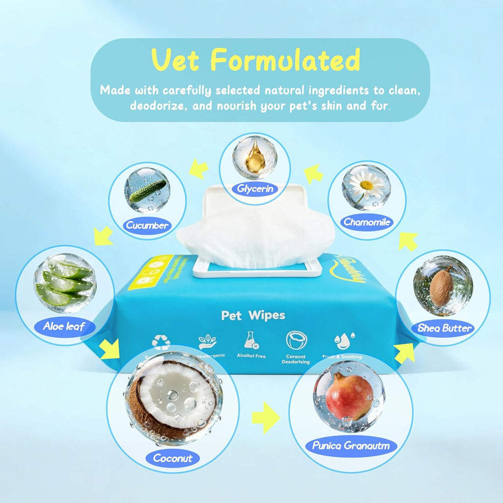 Pet Wipes for Dogs and Cats, Deodorizing Dog Cleaning Wipes with Coconut Extract, Extra Thick Hypoallergenic Dog Wipes for Paws and Butt Ears Eyes Coats, 100 Count