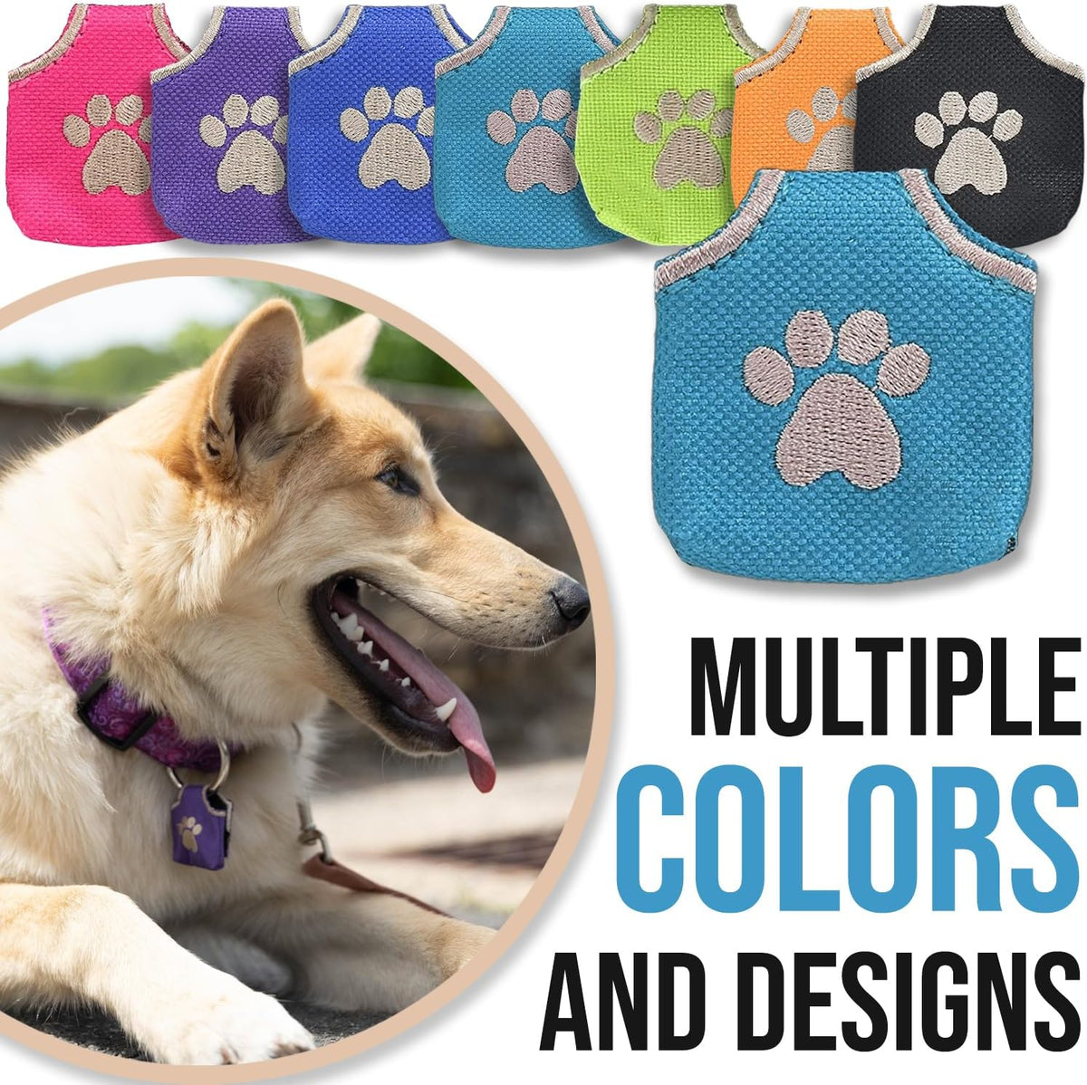 Woofhoof Dog Tag Silencer, Teal Pawprint - Quiet Noisy Pet Tags - Fits Up to Four Pet IDs - Dog Tag Cover Protects Metal Pet IDs, Made of Durable Nylon, Universal Fit, Machine Washable