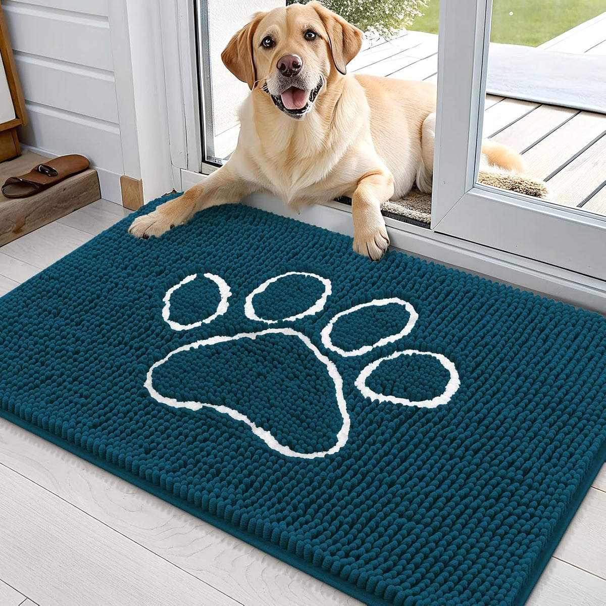 OLANLY Dog Door Mat for Muddy Paws 35x24, Paw Print Design Chenille Mud Mat