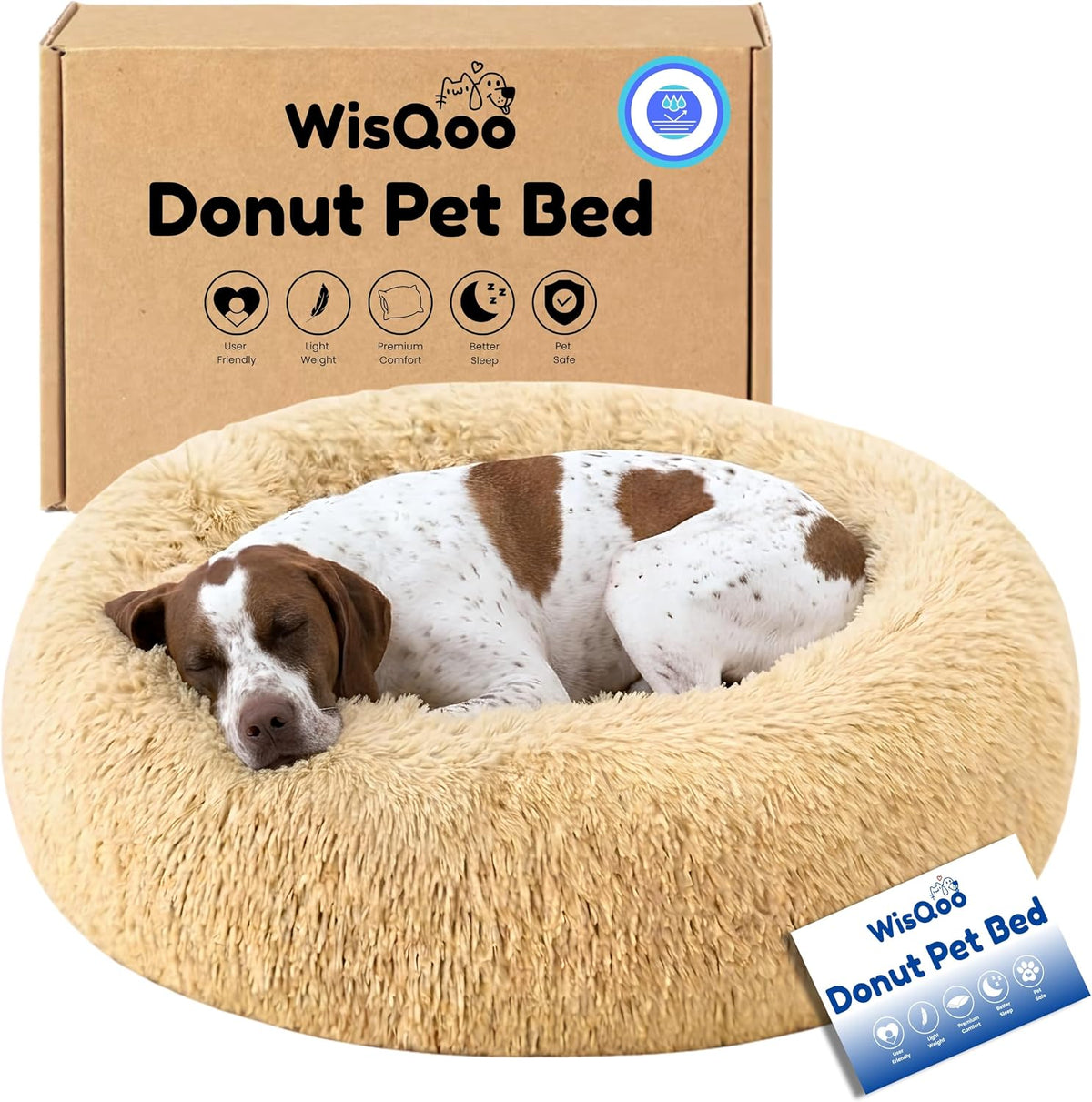 Calming Donut Dog Bed – Faux Fur Anti-Anxiety Pet Bed with Removable Washable Cover & Water-Resistant Liner – Plush Fluffy Round Nest, Non-Slip Bottom for Dogs & Cats – Large, Beige