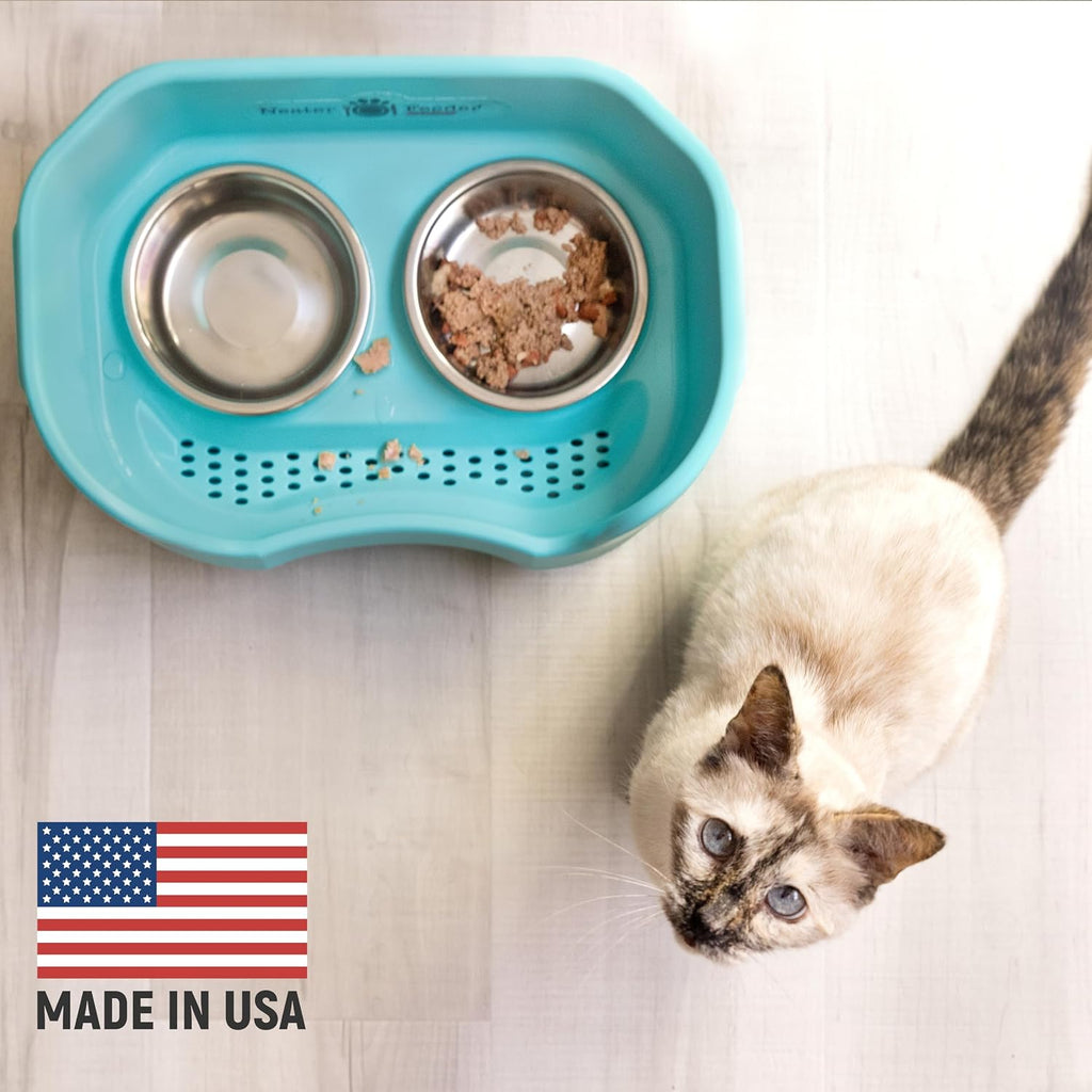 Neater Pet Brands Neater Feeder Deluxe Mess Proof Cat Bowls Elevated, Made in USA, No Spill Raised Bowls for Indoor Cats, Stainless Steel Food and Water Bowl Set, Pet Dish Feeding Station, Aquamarine 