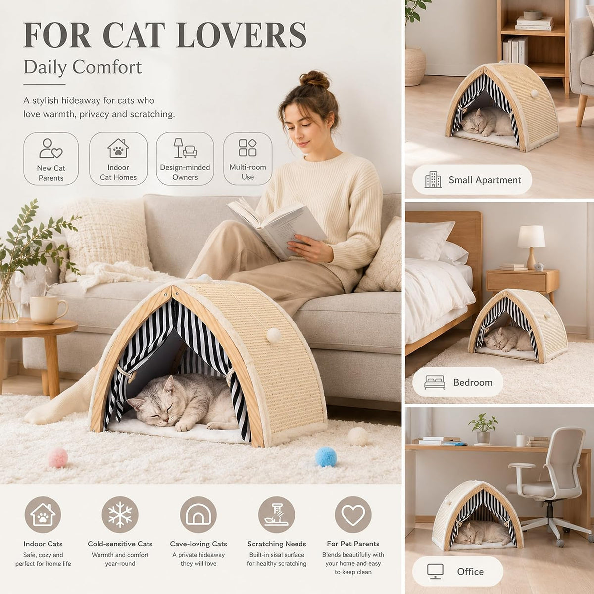 Cat House, Cat Beds for Indoor Cats, Cat Scratchers with Sisal Scratching Board, Cat Scratcher Bed with Fluffy Ball Hanging, Cat Condo 20x16x16 inches
