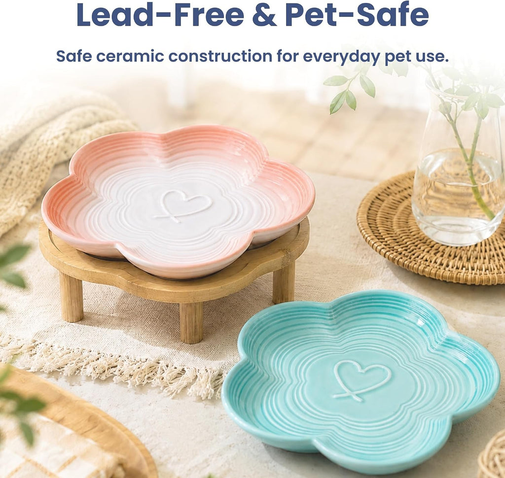 PawsPik Flower Ceramic Feeding Cat Plate with Raised Stand, Peach Blush