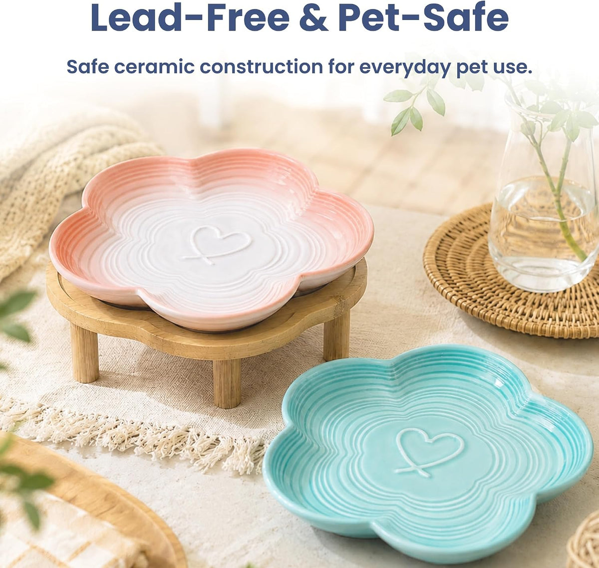 PawsPik Flower Ceramic Feeding Cat Plate with Raised Stand, Peach Blush