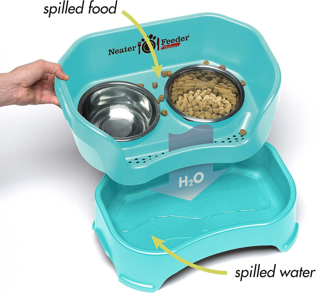 Neater Pet Brands Neater Feeder Deluxe Mess Proof Dog Bowls Elevated for Small Dogs Under 19 lbs, Made in USA, No Spill Raised Dog Food Bowl Stand Feeding Station, Food and Water Bowl Set, Aquamarine 