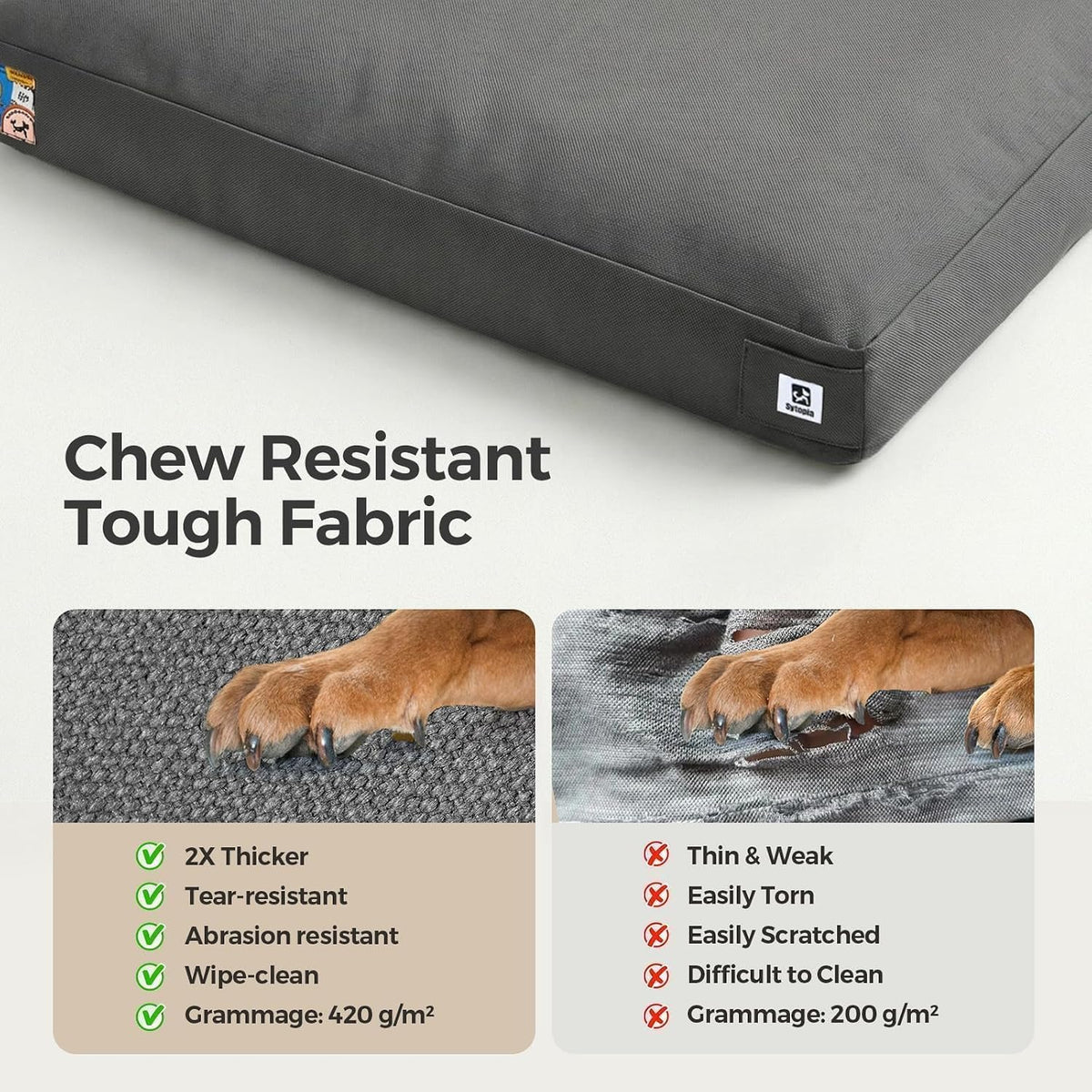 Sytopia 42 Inch Indestructible Dog Bed for Aggressive Chewers, Chew Proof Durable Outdoor Canvas Pet Crate Mat with Waterproof Washable Removable Cover, Indoor Patio Pet Pad for Crate, Dark Grey