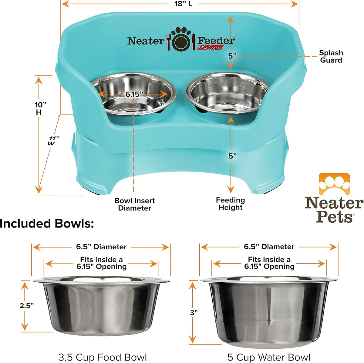 Neater Pet Brands Neater Feeder Deluxe Mess Proof Dog Bowls Elevated for Medium Dogs 19-40 lbs, Made in USA, No Spill Raised Dog Food Bowl Stand Feeding Station, Food and Water Bowl Set, Aquamarine 