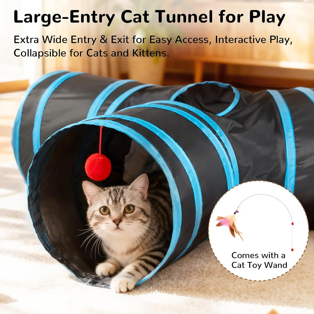 Tempcore Cat Tunnel, 3-Way Collapsible Toy for Indoor Cats, Black & Blue | 3-Way Cat Tunnel with Peek Holes, Hanging Ball and Teaser Wand, Collapsible Design for Play, Hiding, Chasing and Exercise