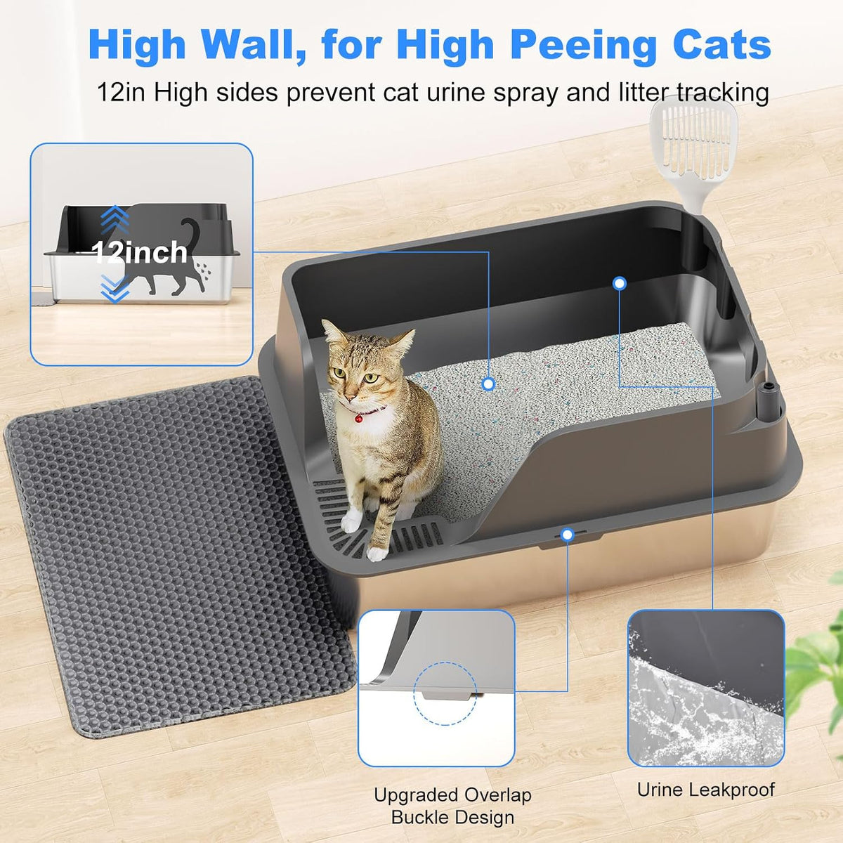 Non-Stick Stainless Steel Litter Box, XL Side Open Splash-Proof&Leak-Proof | Seamless Seal, Ellenpent Large Capacity, Cat Litter Box with Lid for Multi-Cats, Large Cats, Easy-Clean & Durable (Gray)